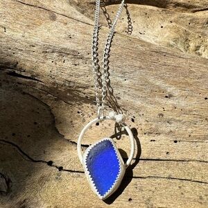 Cobalt blue sea glass Handmade 995 925 sterling silver soldered necklace